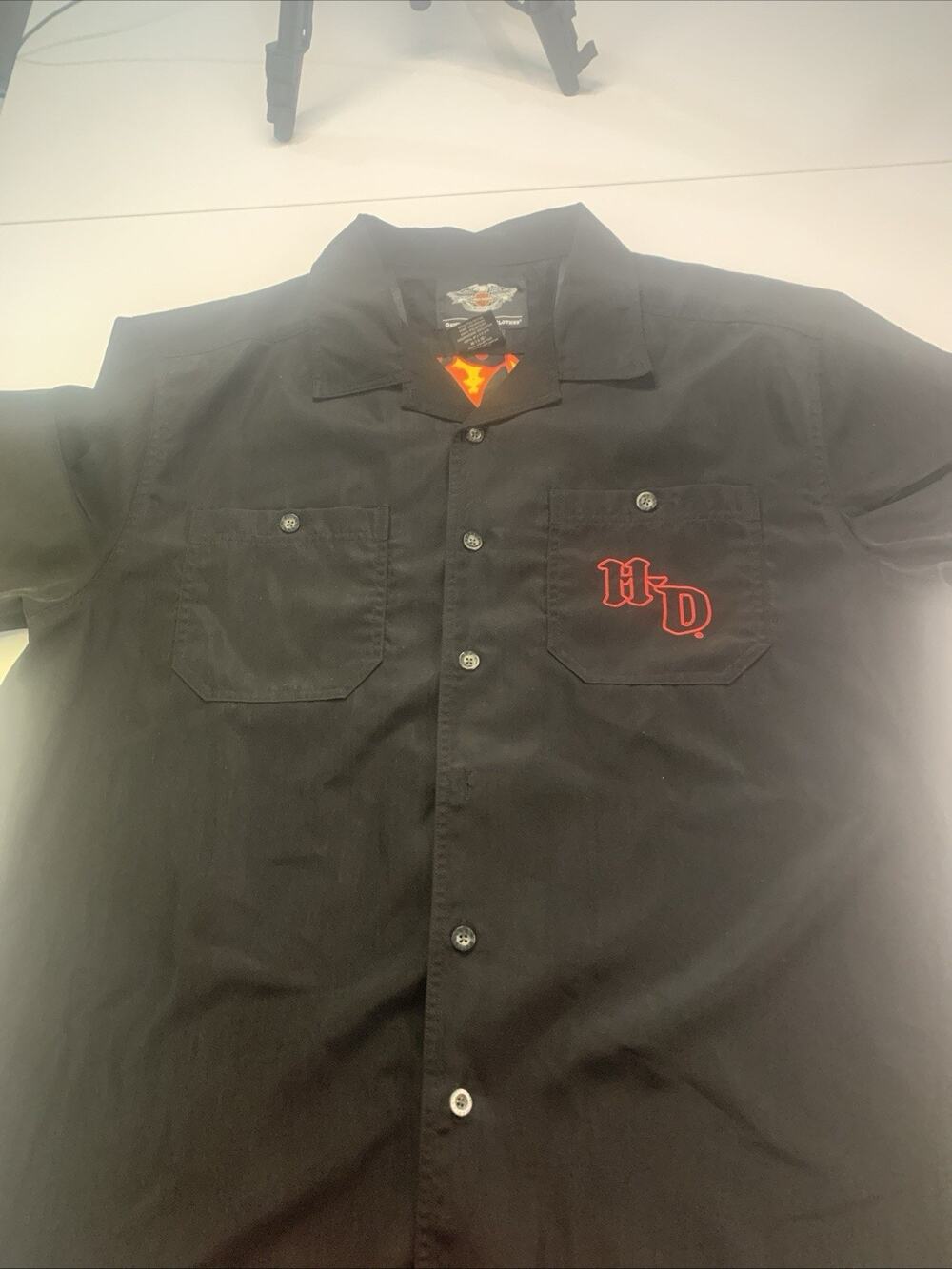 Harley Davidson Skull Flame Graphic Button Up Shirt Black Red Short Sleeve XL